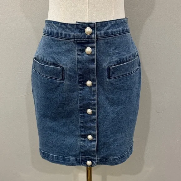 House of Harlow 1960 Pearl Button Denim Blue Mini Skirt - Size 4 - Picture 4 of 8
